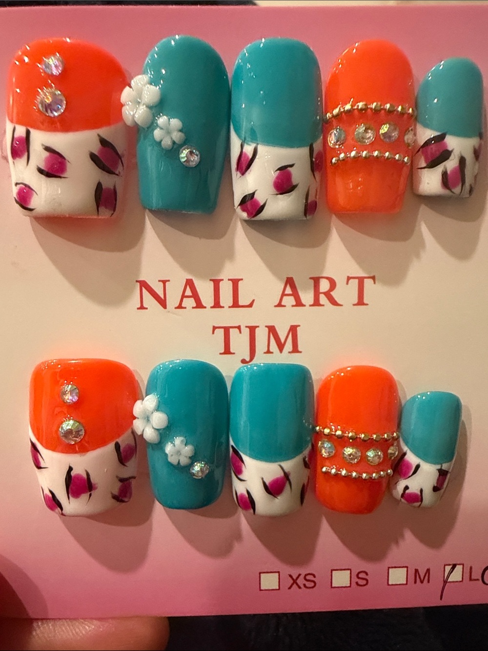 Turquoise & Orange 3D Floral and animal print handmade acrylic Press-On Nails